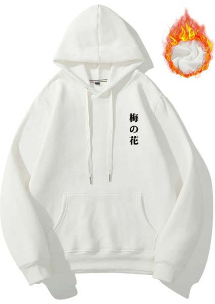 Unisex Beyaz Japon Ağacı Baskılı Oversize Kapşonlu Sweatshirt