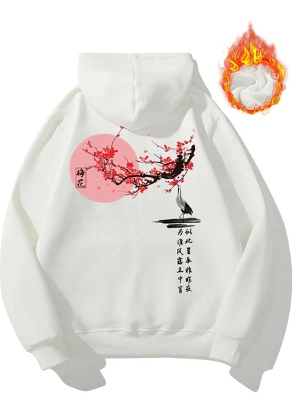 Unisex Beyaz Japon Ağacı Baskılı Oversize Kapşonlu Sweatshirt