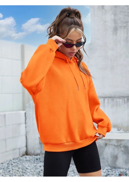 Unisex Turuncu Its Okey Baskılı Oversize Kapşonlu Sweatshirt