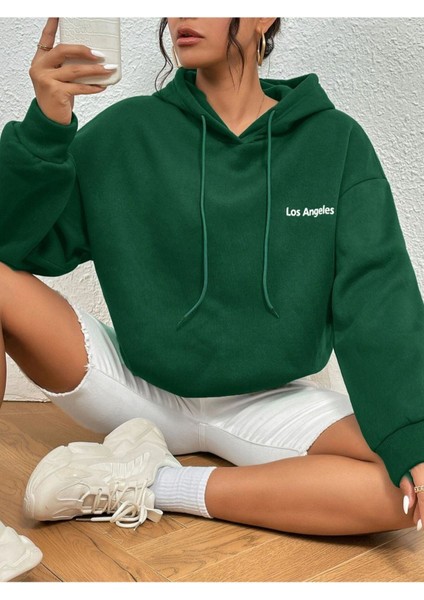 Unisex Yeşil Los Angeles Baskılı Oversize Kapşonlu Sweatshirt