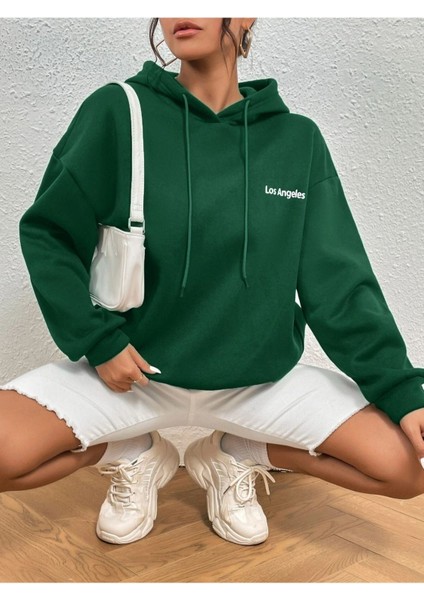 Unisex Yeşil Los Angeles Baskılı Oversize Kapşonlu Sweatshirt fiyatları