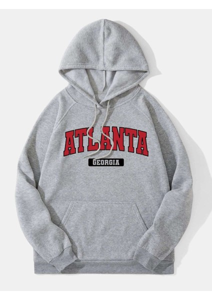 Unisex Gri Atalanta Baskılı Oversize Kapşonlu Sweatshirt