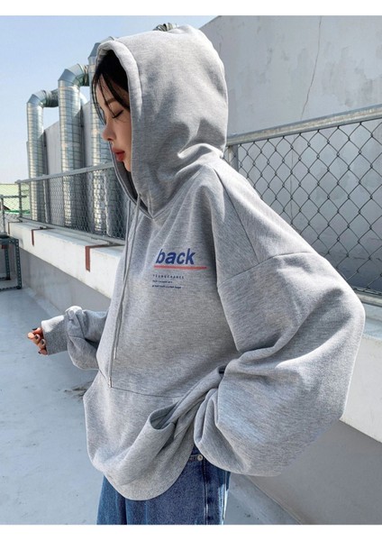 Unisex Gri Back Baskılı Oversize Kapşonlu Sweatshirt