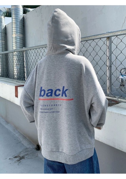 Unisex Gri Back Baskılı Oversize Kapşonlu Sweatshirt fiyatları