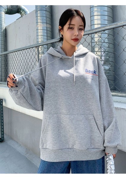 Unisex Gri Back Baskılı Oversize Kapşonlu Sweatshirt modelleri