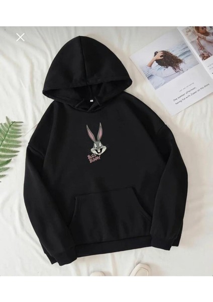 Unisex Siyah Buggs Bunny Baskılı Oversize Kapşonlu Sweatshirt