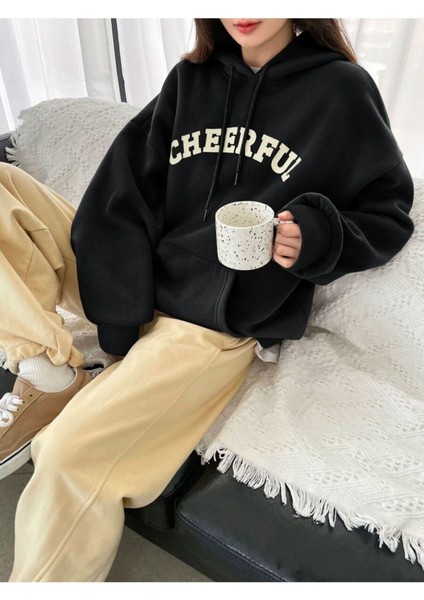 Unisex Siyah Cheerful Baskılı Oversize Kapşonlu Sweatshirt
