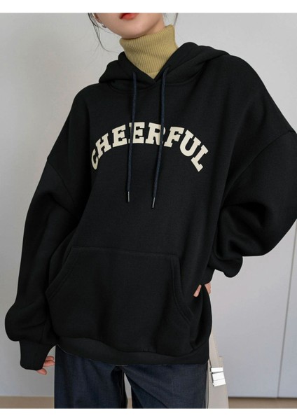 Unisex Siyah Cheerful Baskılı Oversize Kapşonlu Sweatshirt fiyatları