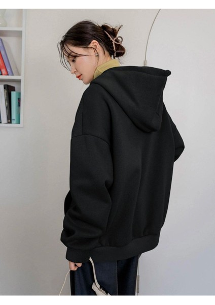 Unisex Siyah Cheerful Baskılı Oversize Kapşonlu Sweatshirt modelleri