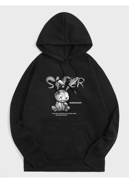 Unisex Siyah Tavşan Baskılı Oversize Kapşonlu Sweatshirt
