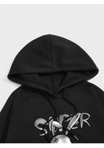 Unisex Siyah Tavşan Baskılı Oversize Kapşonlu Sweatshirt fiyatları
