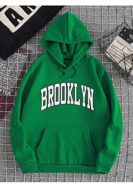 Unisex Yeşil Brooklyn Baskılı Oversize Kapşonlu Sweatshirt
