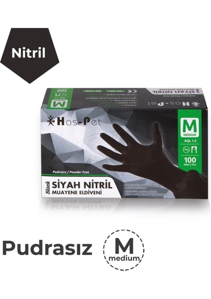 Haspet Pudrasız Siyah Nitril Eldiven M 100'lü.