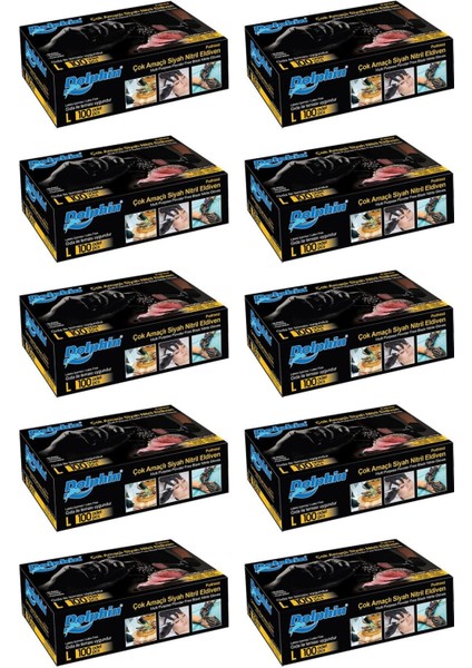 Çok Amaçlı Siyah Nitril Eldiven (L) 100'lü Paket 10 Adet (Gıdaya Uygun)