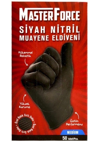 Master Force Balık Sırtı Nitril Eldiven (M Beden) 50'li Siyah