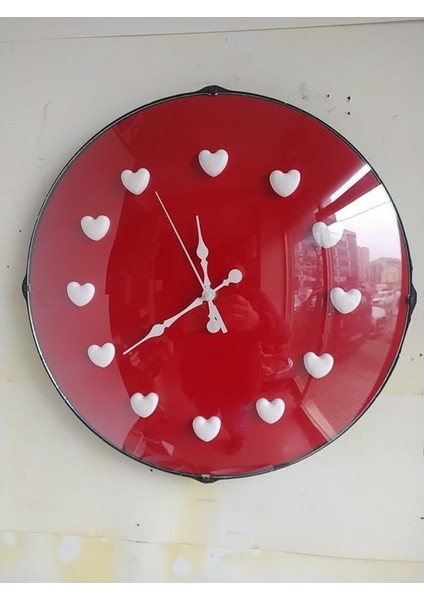 Kırmızı Beyaz Kalpli Mutfak Çocuk Odası Ofis Salon Duvar Saati 35 cm indirimleri