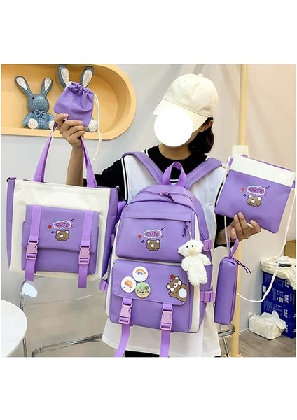 5 Adet Kawaii Sırt Çantası Seti, Ayı Kolye ve Rozetli Tuval Okul Çantası, Omuz Tote Çanta Rahat Sırt Çantası (Yurt Dışından) fiyatları