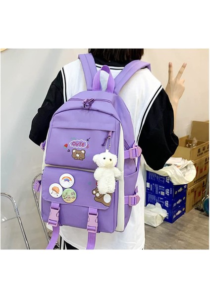5 Adet Kawaii Sırt Çantası Seti, Ayı Kolye ve Rozetli Tuval Okul Çantası, Omuz Tote Çanta Rahat Sırt Çantası (Yurt Dışından) modelleri