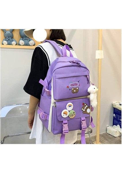 5 Adet Kawaii Sırt Çantası Seti, Ayı Kolye ve Rozetli Tuval Okul Çantası, Omuz Tote Çanta Rahat Sırt Çantası (Yurt Dışından) fırsatları