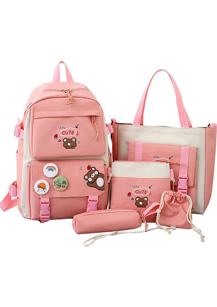 5 Adet Kawaii Sırt Çantası Seti, Ayı Kolye ve Rozetli Tuval Okul Çantası, Omuz Tote Çanta Rahat Sırt Çantası (Yurt Dışından)