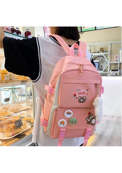 5 Adet Kawaii Sırt Çantası Seti, Ayı Kolye ve Rozetli Tuval Okul Çantası, Omuz Tote Çanta Rahat Sırt Çantası (Yurt Dışından) fiyatları
