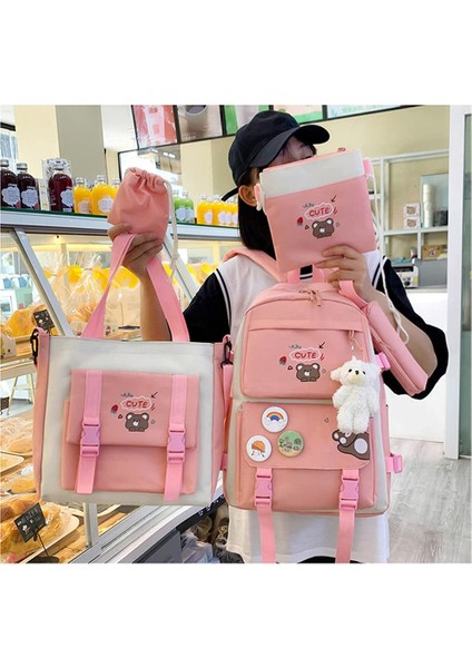 5 Adet Kawaii Sırt Çantası Seti, Ayı Kolye ve Rozetli Tuval Okul Çantası, Omuz Tote Çanta Rahat Sırt Çantası (Yurt Dışından) modelleri