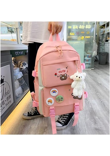 5 Adet Kawaii Sırt Çantası Seti, Ayı Kolye ve Rozetli Tuval Okul Çantası, Omuz Tote Çanta Rahat Sırt Çantası (Yurt Dışından) fırsatları