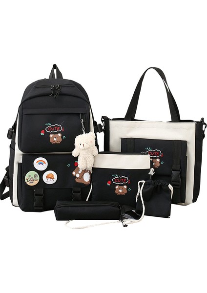5 Adet Kawaii Sırt Çantası Seti, Ayı Kolye ve Rozetli Tuval Okul Çantası, Omuz Tote Çanta Rahat Sırt Çantası (Yurt Dışından)