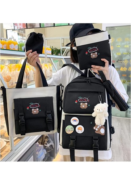 5 Adet Kawaii Sırt Çantası Seti, Ayı Kolye ve Rozetli Tuval Okul Çantası, Omuz Tote Çanta Rahat Sırt Çantası (Yurt Dışından) fiyatları