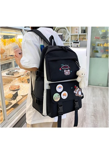 5 Adet Kawaii Sırt Çantası Seti, Ayı Kolye ve Rozetli Tuval Okul Çantası, Omuz Tote Çanta Rahat Sırt Çantası (Yurt Dışından) modelleri