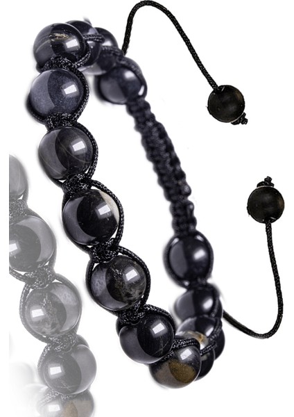 Sertifikalı Makrome Gerçek Obsidyen Taşı Bileklik - 1.kalite
