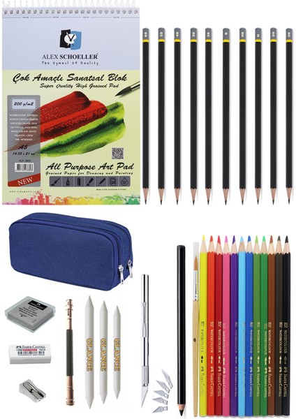 Alex Schoeller 200 gr A5 Eskiz Defterli Karakalem Faber Watercolor Kuruboya Kalemi Çizim Eskiz Seti