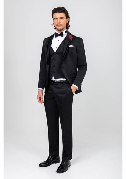 Erkek Siyah Slim Fit Şal Yaka Yelekli Damatlık fiyatları