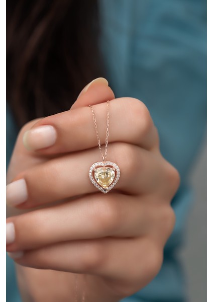 925 Ayar Gümüş Sitrin Taşlı Kalp Model Kolye