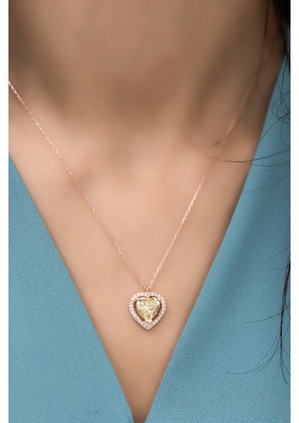 925 Ayar Gümüş Sitrin Taşlı Kalp Model Kolye fiyatları