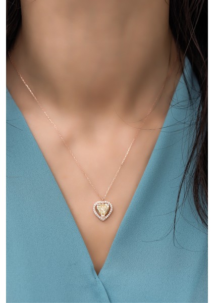 925 Ayar Gümüş Sitrin Taşlı Kalp Model Kolye modelleri