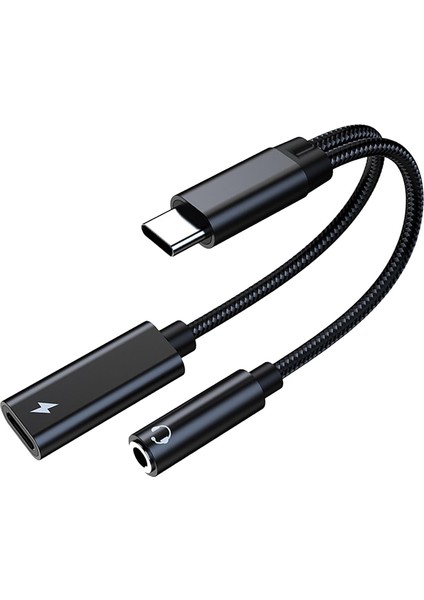 2 Arada 1 USB C Ila 3.5mm Aux Sesli Kulaklık Şarj Cihazı Adaptörü PD60W Kordon Siyah