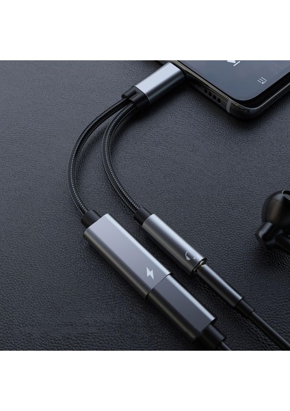 2 Arada 1 USB C Ila 3.5mm Aux Sesli Kulaklık Şarj Cihazı Adaptörü PD60W Kordon Siyah