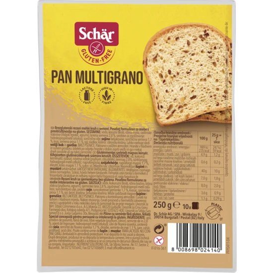 Schar Pan Multigrano 250 gr (Glutensiz Keten Tohumu, Darı Ve Ayçekirdekli) Glutensiz Ekmek