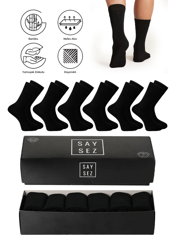 Bambu Erkek Soket Uzun Düz Siyah Çorap Dikişsiz Premium Kutulu 6'lı