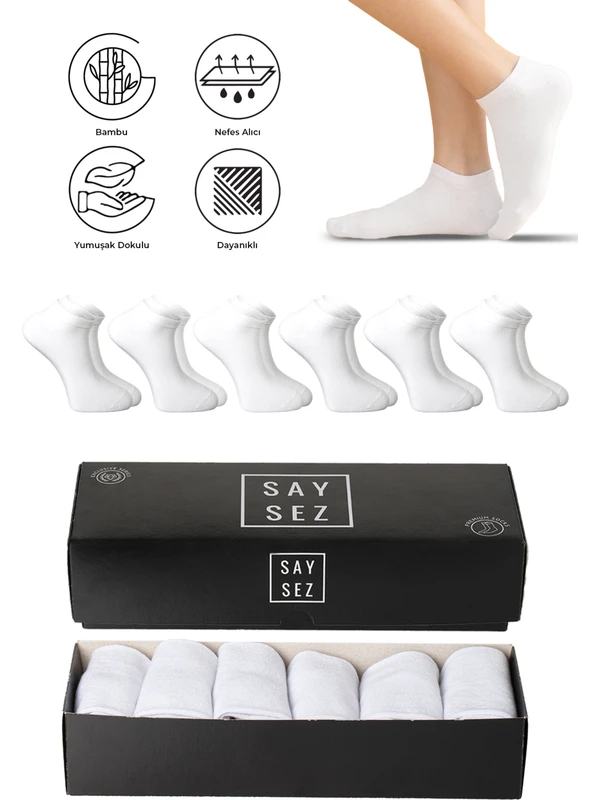 Bambu Erkek Patik Düz Beyaz Çorap Dikişsiz Premium Kutulu 6'lı