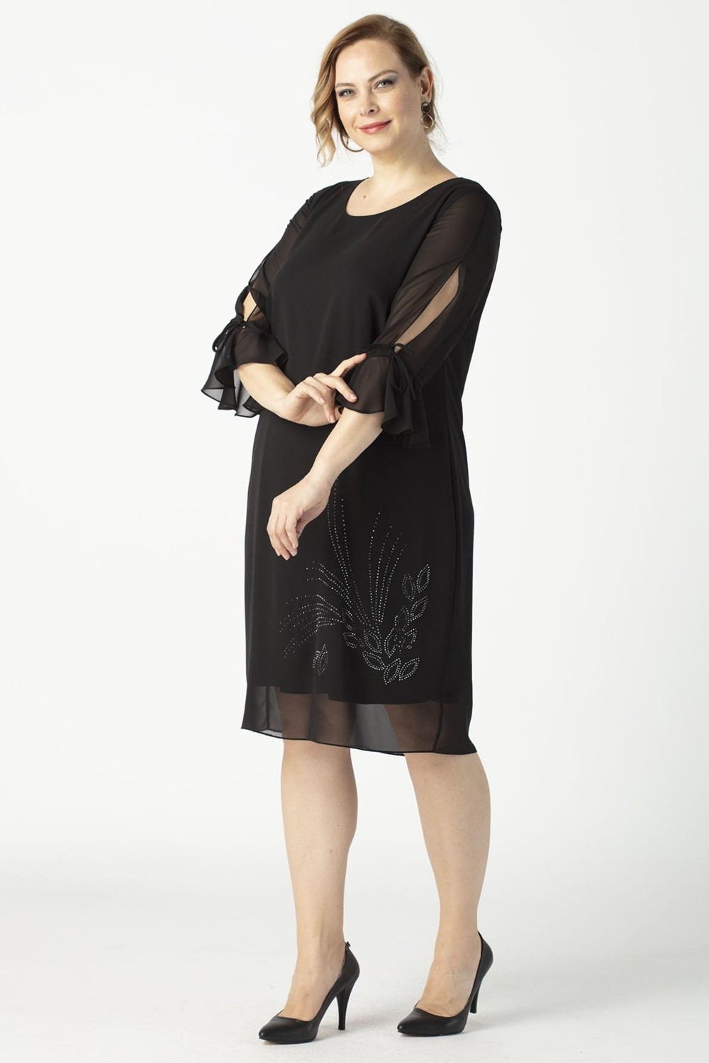 Moda Berray 3132 Taş Baskılı Şifon Tarz Büyük Beden Şık Elbise Siyah görsel 4