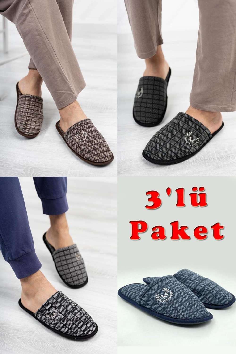 ModaFrato 3'LÜ Paket Motif Erkek Terlik Ev Terliği