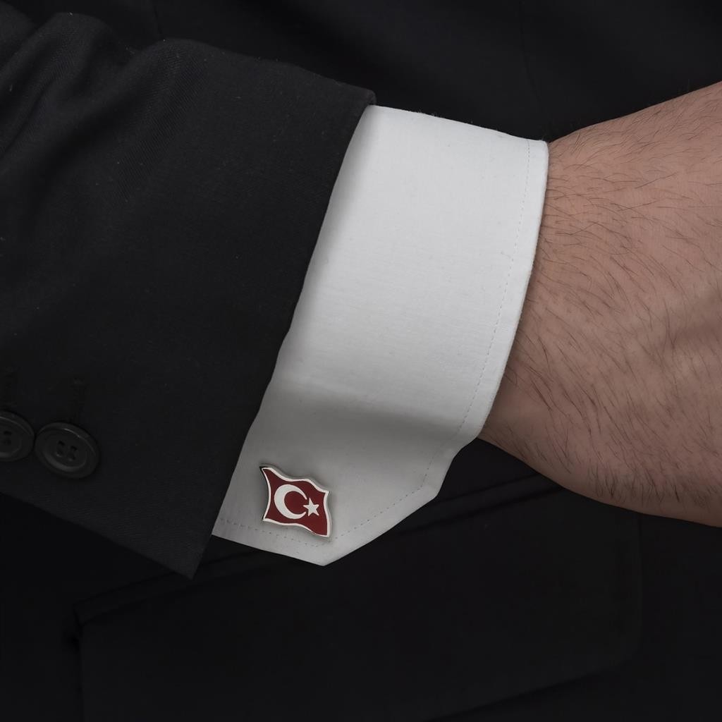 Alyansevim Türk Bayrağı Mineli Gümüş Kol Düğmesi görsel 2