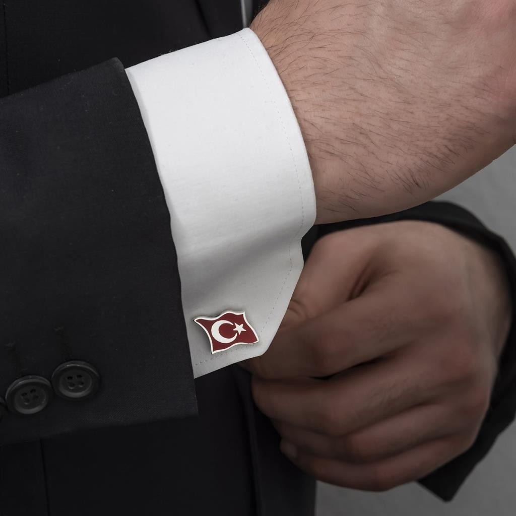 Alyansevim Türk Bayrağı Mineli Gümüş Kol Düğmesi görsel 3