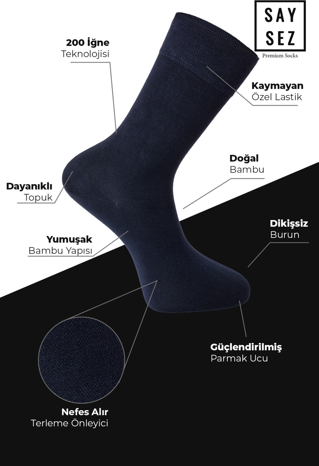 Saysez Bambu Erkek Soket Uzun Düz Siyah Çorap Dikişsiz Premium Kutulu 6'lı görsel 3