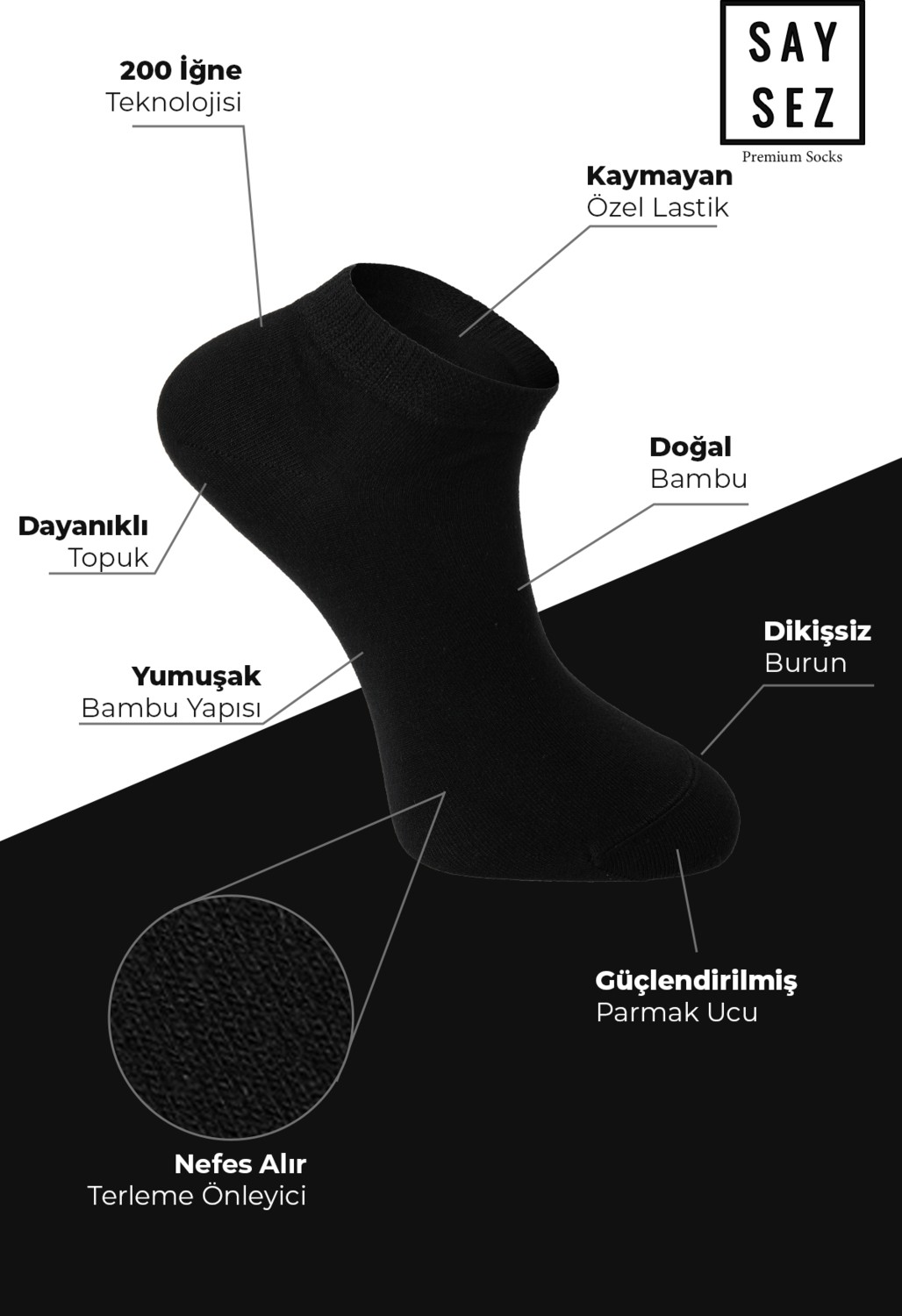 Saysez Bambu Erkek Patik Düz Siyah Çorap Dikişsiz Premium Kutulu 6'lı görsel 3