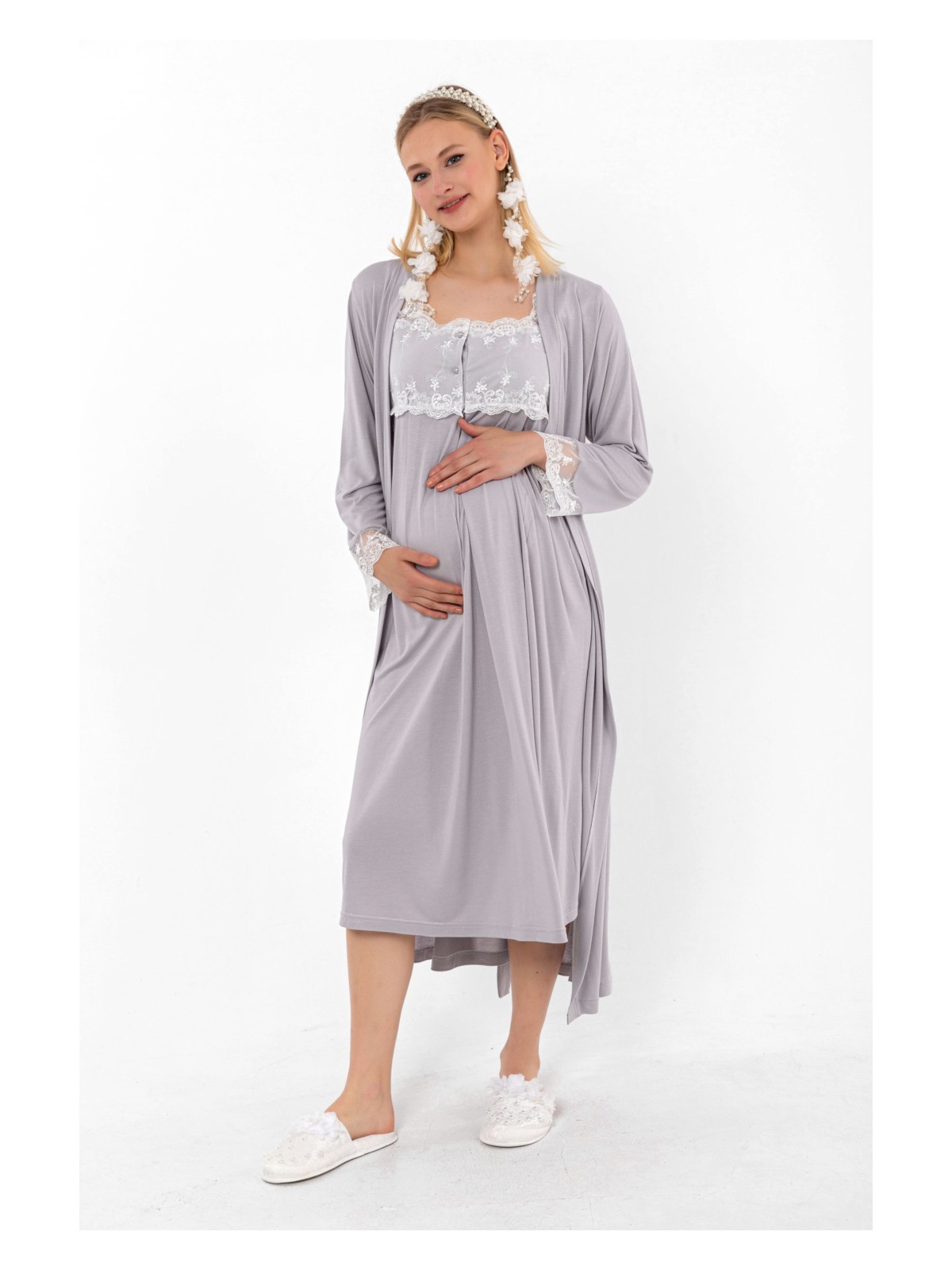 Effortt Hamile Lohusa Gecelik Takım %85 Pamuk Ekru Renk Emzirme Özellikli Rahat Model - Görsel 5