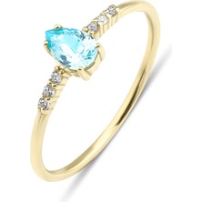Kairos Jewelry 0.09 Karat Pırlanta Yan Taşlı Damla Blue Topaz Yüzük KRS0014-S14GRD