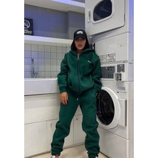 Amor Man Kapüşonlu Tam Fermuarlı Valırı Baskılı Kalın Kışlık Oversize Kadın Eşofman Takımı
